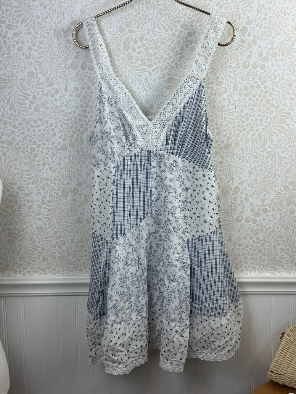 American Eagle Patchwork Blue Cotton Lace Inset Mini Dress - Size - Large - Picture 8 of 8